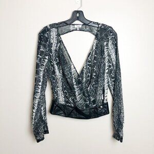Tobi Snakeskin V Neck Leather Trim Crop Top Blouse
